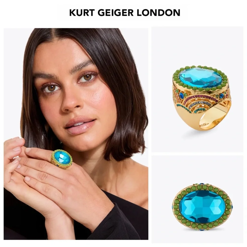NWT KURT GEIGER LONDON Oval-Cut Gold Tone Turquoise CZ Crystal X-Large Ring - Picture 2 of 12